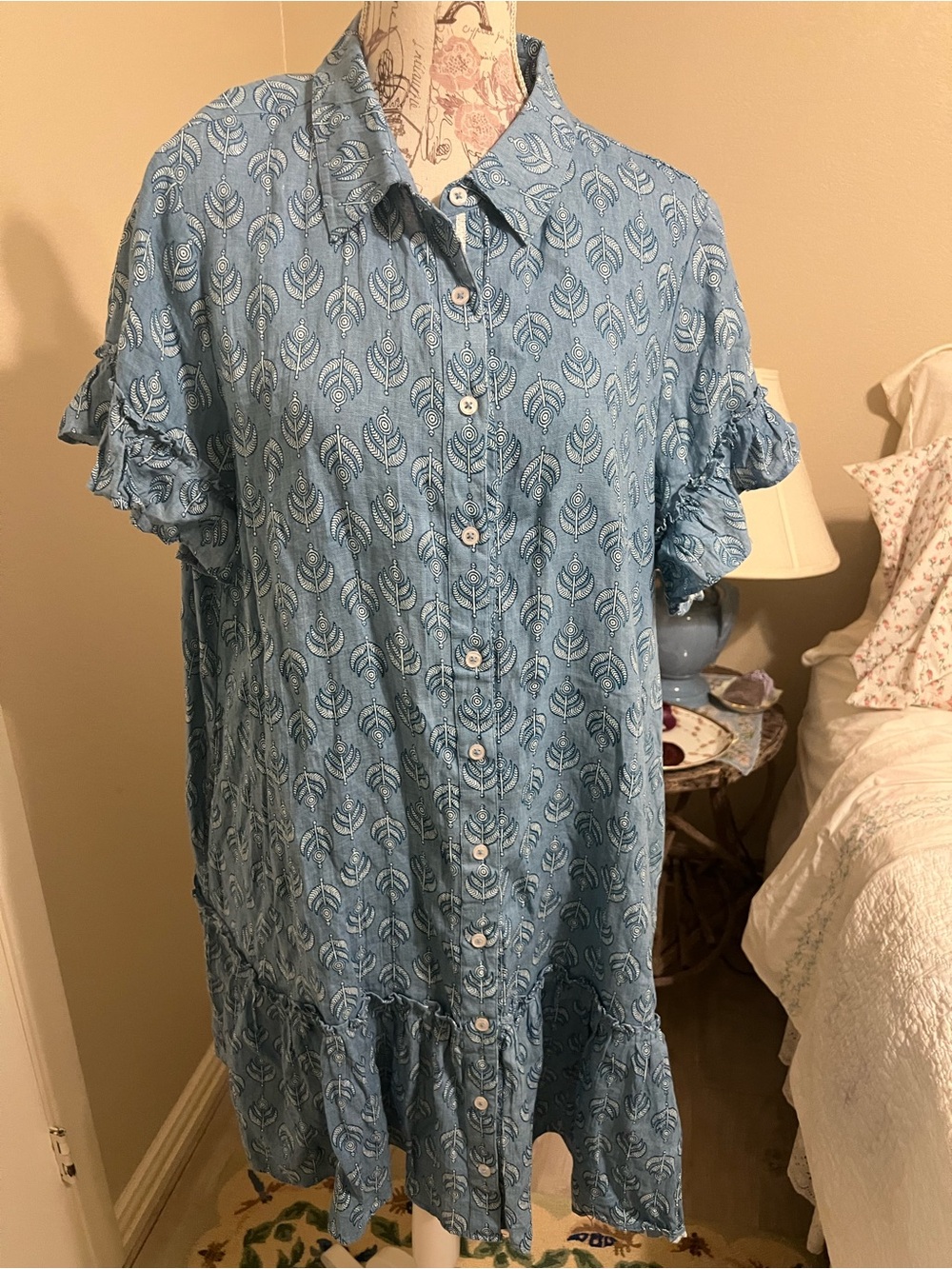 Uncle Frank Light Blue Button-Front Ruffle Hem Midi Dress
